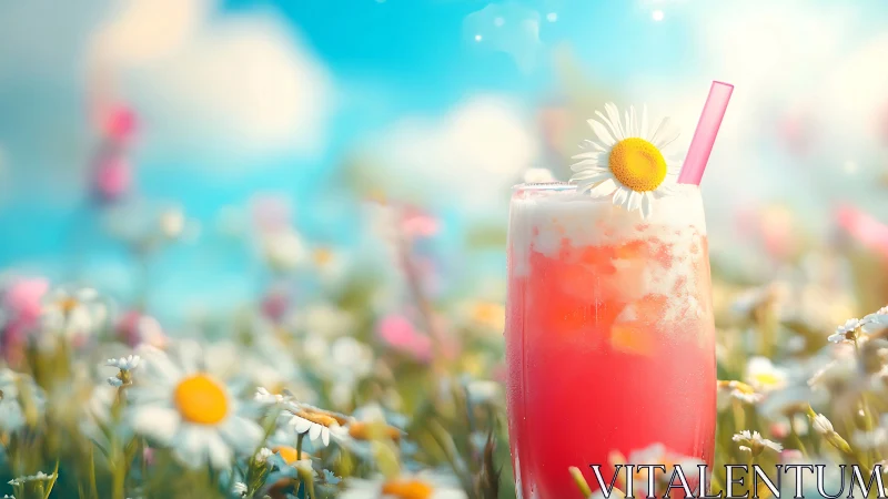 Pink Iced Beverage with Daisy and Straw in Flower Field.