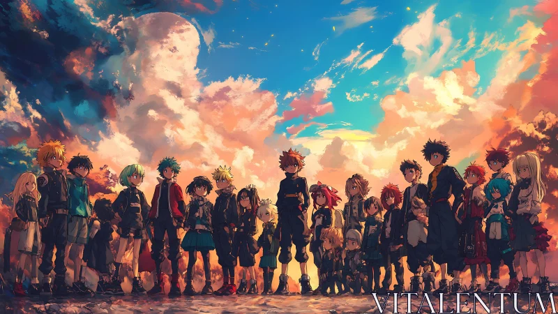 Line of anime-style youths stands against expansive clouded sky