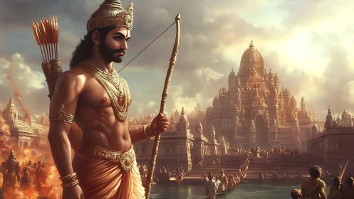 Epic archer strides before a blazing mythic temple cityscape