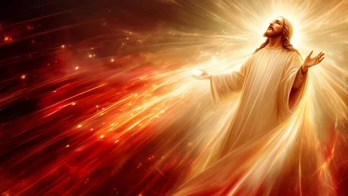 Radiant robed figure ascending in glowing golden light.