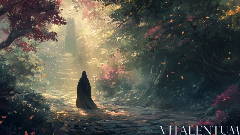 Cloaked wanderer ascends a sunlit, enchanted forest path.