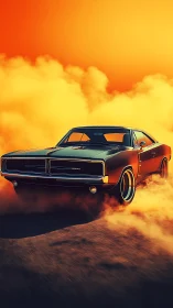 Classic muscle car in drifting motion at sunset sky.
