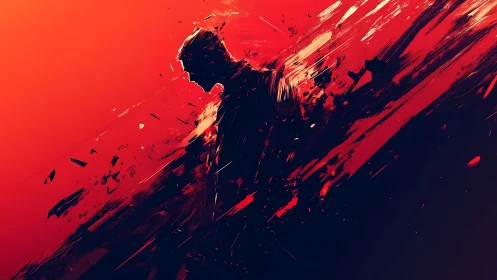 Silhouette in red storm of motion, caught between calm and fire.