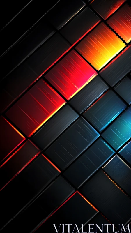 Diagonal metallic panels show emissive gradients and brushed surfaces