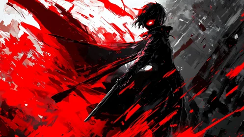 Crimson gunshadow strides through storm-slashed darkness.