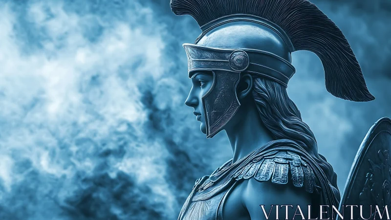 Stoic armored warrior gazes into swirling blue mist