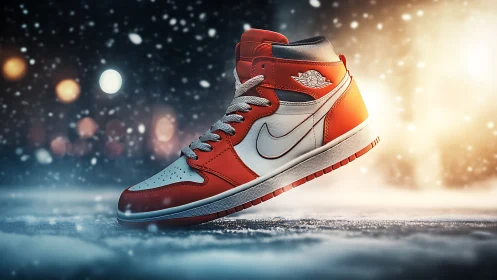 Bold red sneaker floats in glowing winter city lights