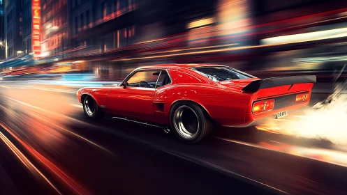 Red retro sports coupe moving through blurred city street.