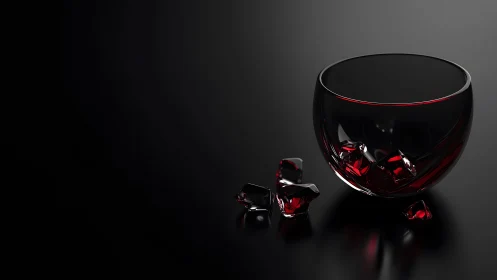 Elegant glass bowl with red ice cubes on black background.