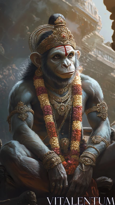 Divine simian deity in ornate gold regalia, temple backdrop.