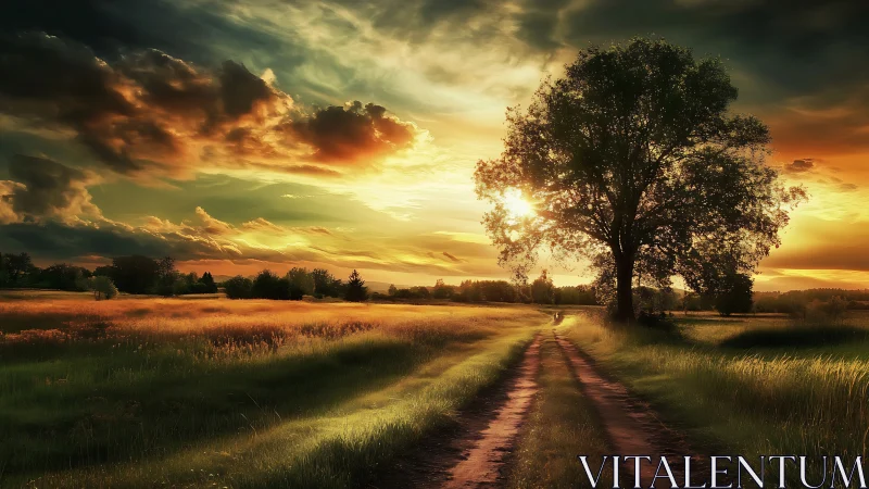 Sunlit country road curves through golden meadow at sunset