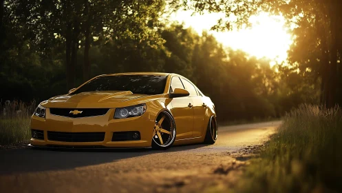 Sunlit yellow sedan with stance tuning on forest road.