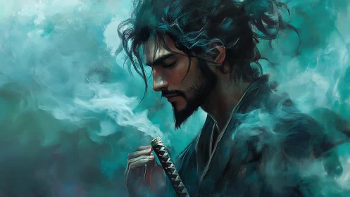 Samurai man in teal mist holding smoking incense stick.