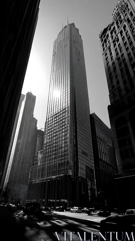 Glass facade skyscraper stands over shaded city street