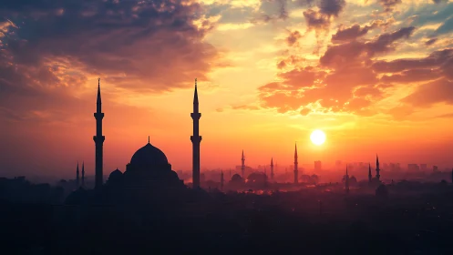 Dense mosque skyline silhouettes under high-contrast orange sunrise