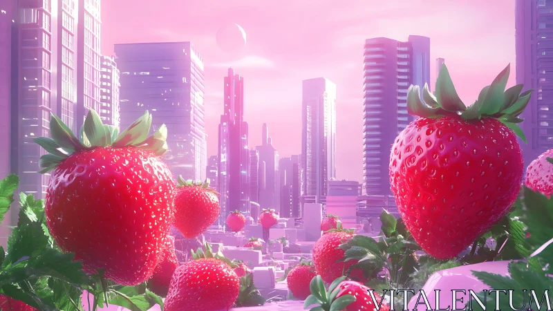 Colossal strawberries dominate a neon pink futuristic cityscape