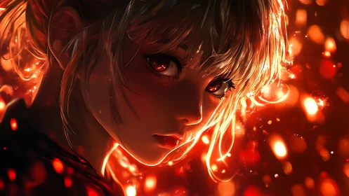 Embers swirl around a thoughtful anime girl in warm light