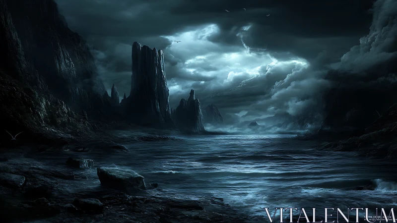 Stormlit obsidian cliffs brood over a restless midnight sea