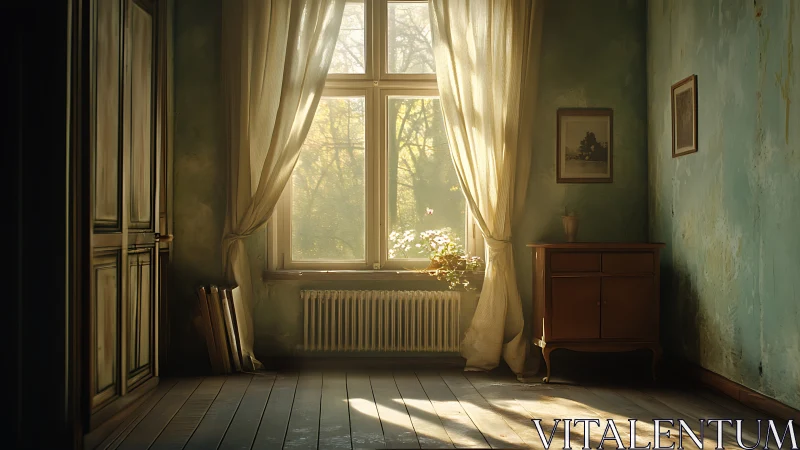 Soft autumn light across an aging teal-walled interior.