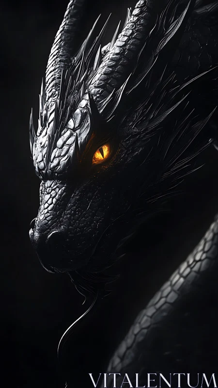 Obsidian-scaled dragon portrait with molten amber eye glow.