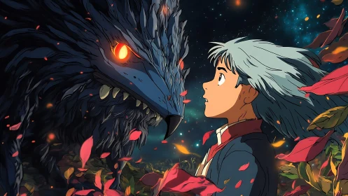 Mystical boy confronts glowing-eyed beast in swirling leaves.