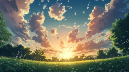 Sunlit meadow horizon rendered in high-detail anime style
