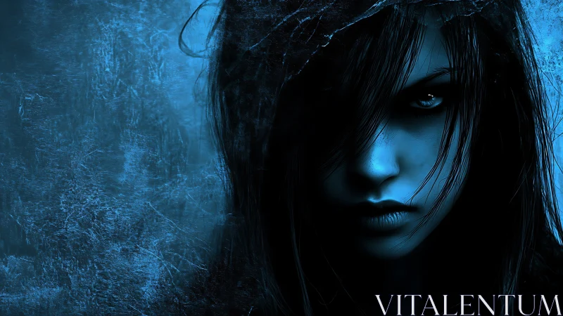 Dark blue digital portrait of intense mysterious woman