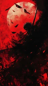 Silhouetted swordsman confronts blood moon in dynamic red abstraction