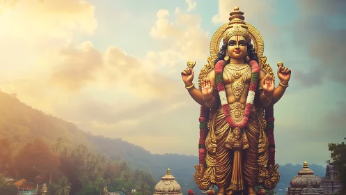Golden Hindu deity statue stands before hazy forested hills