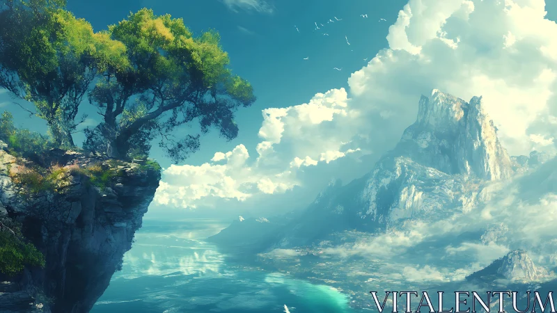 Digital landscape rendering featuring layered geological formations with aerial perspective