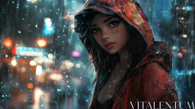 Rainlit city girl in a red hooded coat at blue dusk.