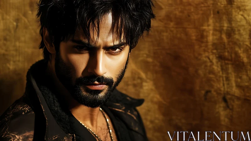 Cinematic close-up of intense bearded man under warm light.