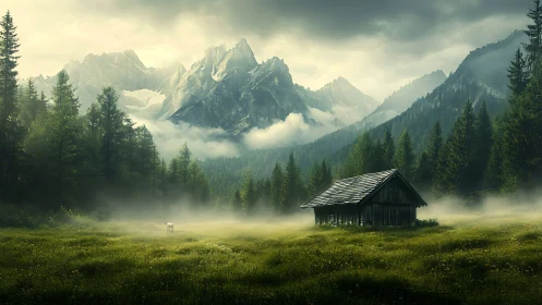 Misty alpine meadow and cabin beneath dramatic peaks.