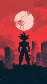 Lone spiky‑haired hero facing a crimson urban moonrise.