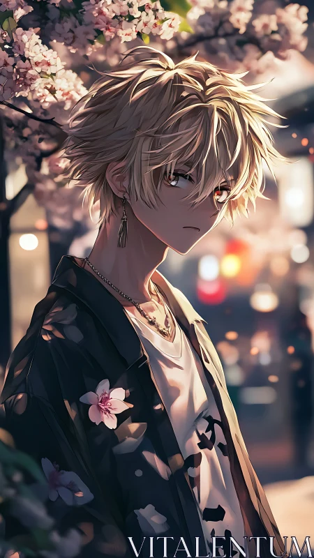 Soft-eyed blond teen under glowing cherry blossoms at dusk.