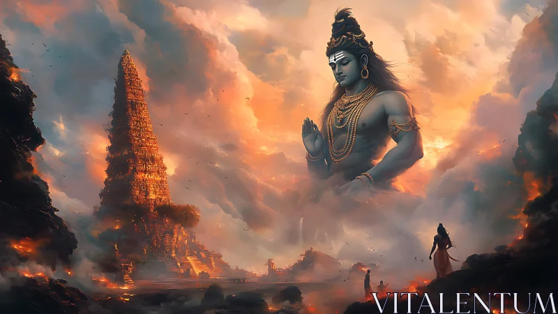 Mythic sky deity beside burning temple spire at dusk.