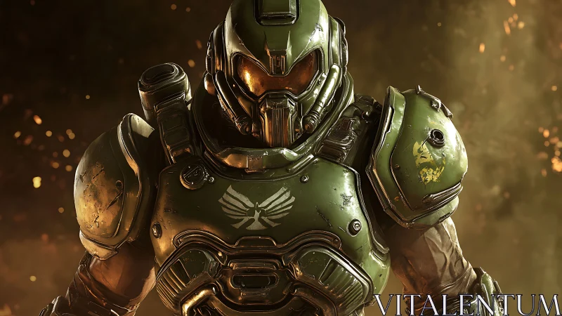 Armored space warrior strides through ember-soaked twilight.