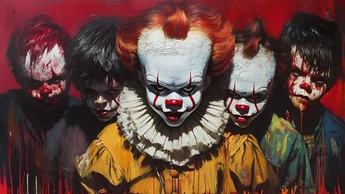 Eerie clown leader and haunted children in bold red haze.