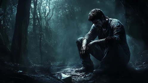 Solitary seated figure in dark, mist-filled forest environment.