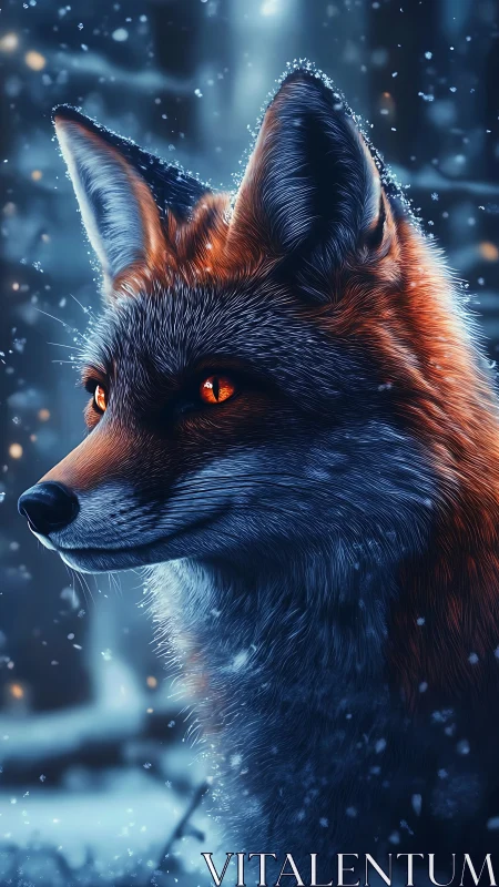 Winter fox portrait with glowing amber eyes in snowfall.