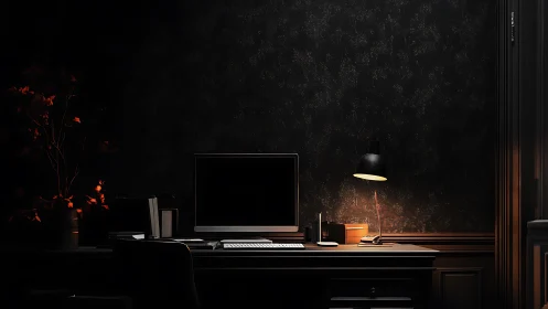 Dimly lit desktop workstation in dark-toned interior room.