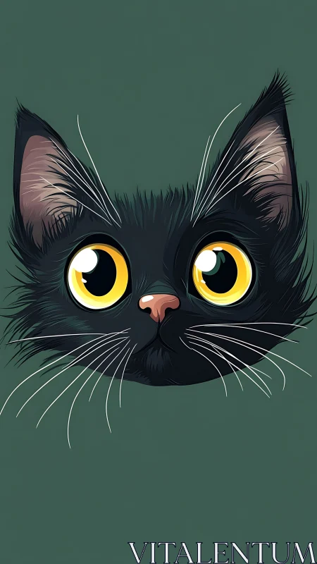 Black Cat Portrait with Luminous Amber Eyes Against Teal Background