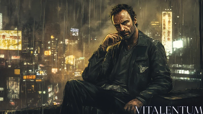 Brooding drifter on neon rooftop in rain-soaked megacity.