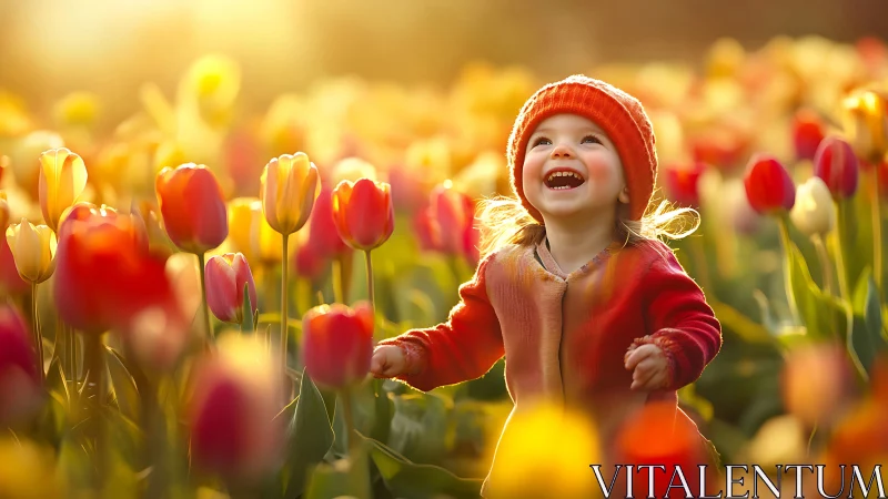 Child&rsquo;s joyful laughter amid glowing tulip meadow at sunset.