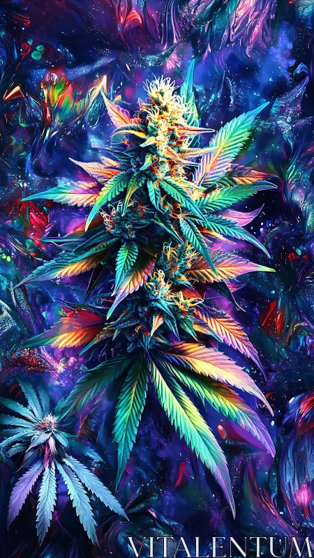 Luminous cannabis plant glows in a dreamy cosmic garden