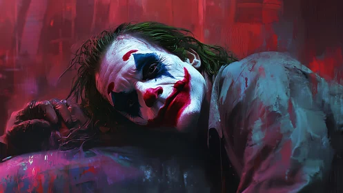 Chromatic clown portrait in tilted, high-contrast close-up.