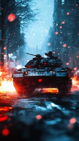 Armored combat vehicle advances through burning winter street