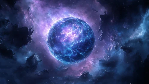 Plasma-sheathed exoplanet in ionized nebular fracture field.