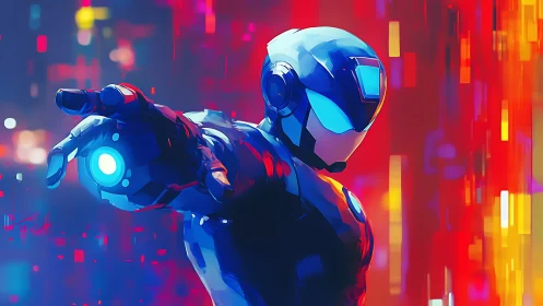 Armored cyber hero extends glowing gauntlet in neon city