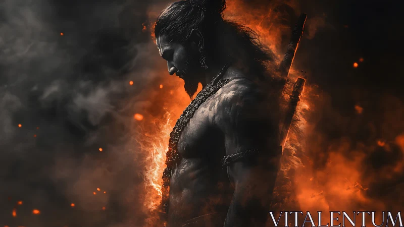 Fierce warrior stands in glowing embers and shadowed smoke.